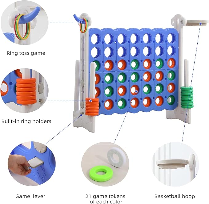 UNICOO® Height Adjustable Jumbo 4-to-Score Game, 4 in A Row Game with Basketball Hoop, Ring Toss, Carrying Bag, Indoor Outdoor Yard Game, Parties & Family Gatherings