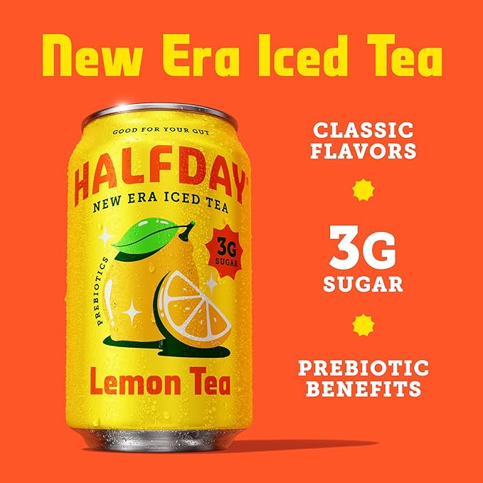 HALFDAY Prebiotic Iced Tea Lemon, Peach & Green Tea Variety Pack, Supports Digestive & Gut Health, Plant Fiber & Prebiotics, Low Sugar, 30 Calories, Natural Caffeine, Gluten Free, 12 fl oz (12 pack) Packaging May Vary