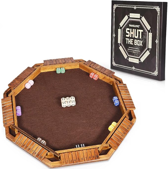 Vamslove Shut The Box Dice Game for 8 Players Upgraded Wooden Board Table Math Game with 16 +6 Dices - Educational Game for Kids, Adults (Instruction Included)