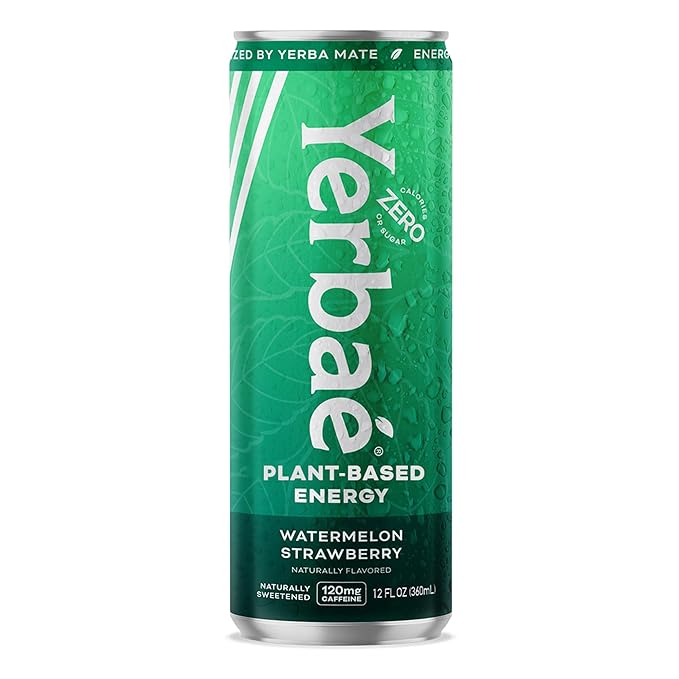 Yerbaé Energy Beverage, Watermelon Strawberry, 120mg Caffeine. No Sugar/Calories/Carbs, Energized by Yerba Mate, Plant-Based, Healthy Alternative to Sugary Drinks, Pack of 12, 12oz cans