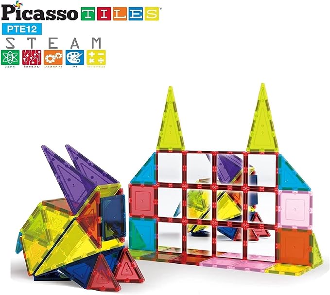 PicassoTiles Mirror Magnetic Building Tile Blocks, Construction Sensory Gifts Magnets Expansion Square Set, Toddler Magnets, Educational Toys for 3+ Year Old, Kindergarten Toys, Stacking Blocks