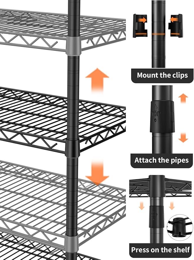 4 Tier Adjustable Storage Shelves,Heavy Duty Metal Utility Shelf 1400LBS Capacity Wire Shelving Unit Organizer Rack for Kitchen Office Pantry Room 18" D x 46" W x 59" H Black