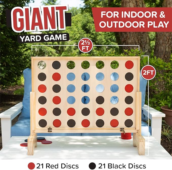 Play Platoon Giant Connect Game Outdoor, Join 4 in a Row with Coins, Case and Rules - Extra Large Yard Games for Adults and Family - Natural Wood