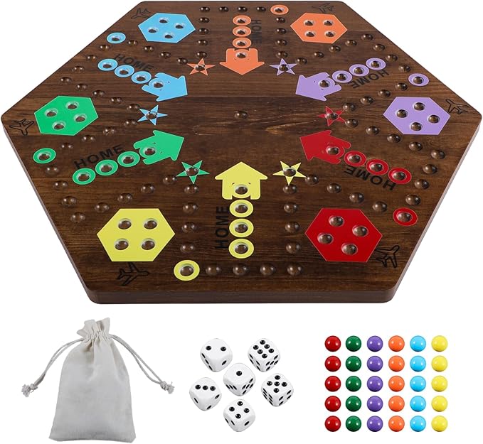 Large 20 Inches Wahoo Marble Board Game 4 and 6 Players 2 Sided Painted Thicken Wooden Dice Marbles Game for Family Friends Party Game Nights