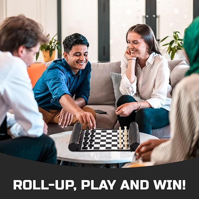Roll Up Chess Set - 11" Foldable Leather Chess Mat with Wooden Chess Pieces - Portable Travel Chess Set with Straps - Perfect Chess Game for Airplane, Camping, and More (Black)