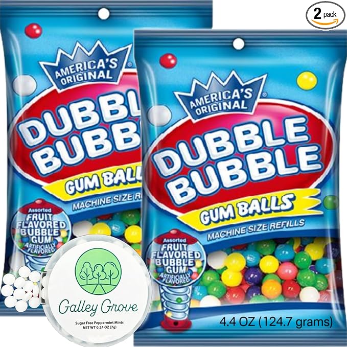 Dubble Bubble Mini Gumball Machine Refills 4.4 oz Bag (2-Pack), 1/2 inch 13mm Assorted Fruit Flavor Bubble Gum, Bundle With Galley Grove Sugar-Free Breath Mints