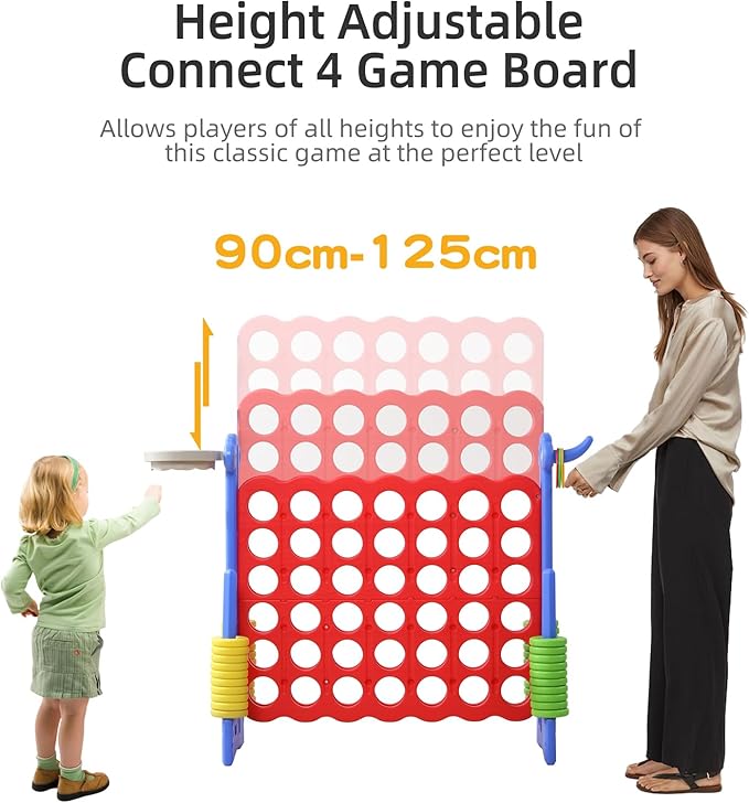 UNICOO® Height Adjustable Jumbo 4-to-Score Game, 4 in A Row Game with Basketball Hoop, Ring Toss, Carrying Bag, Indoor Outdoor Yard Game, Parties & Family Gatherings