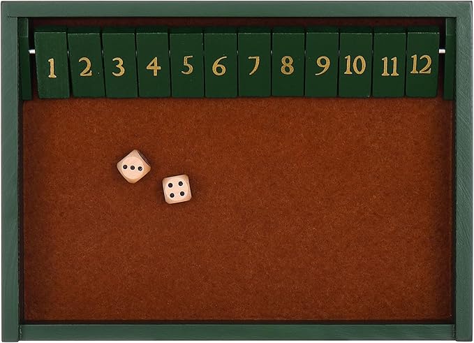 STERLING Games Wooden Shut The Box Game 12 Numbers with Home Decor Design Lid Cover and Felted Rolling Surface, Green