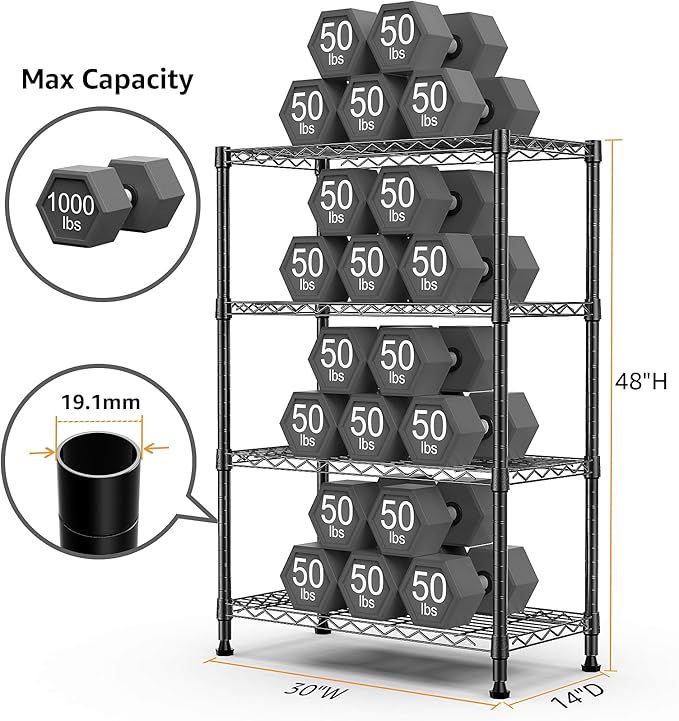 1000 lbs Storage Shelving Steel Heavy Duty 4-Tier Utility Shelving Unit Steel Organizer Wire Rack for Home,Kitchen,Office (13.7" D x 29.5" W x 47.2" H)