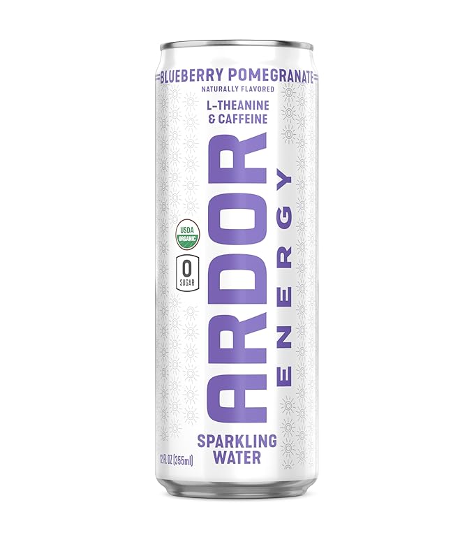 ARDOR ENERGY Sparkling Water with 100mg Natural Caffeine & 200mg L-Theanine from Organic Green Tea for Smooth Energy & Focus | Healthy Energy Drink | No Sugar, Zero Calories, Vegan, Gluten-Free | Blueberry Pom (Pack of 12, 12oz cans)