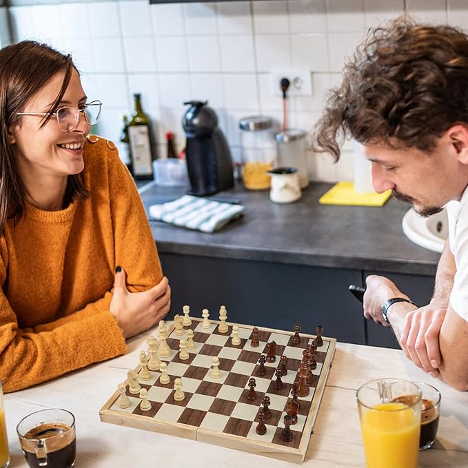 LEAP Wooden Chess Set 17" Inches - 2 Extra Queens - Folding Board Raised Edge, Handmade Portable Travel Chess Board Game Sets with Game Pieces Storage Slots - All Age Chess Set for Adults and Beginner