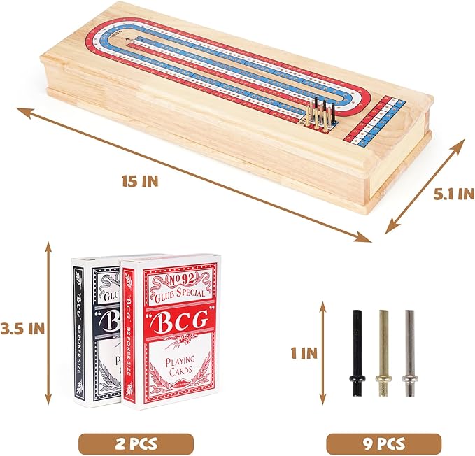 Wooden Cribbage Board Game Set, Premium Wooden Board with with Storage Drawer and Metal Pegs, Strategy Card Game Cribbage - Travel Portable Cribbage Game Sets for Family