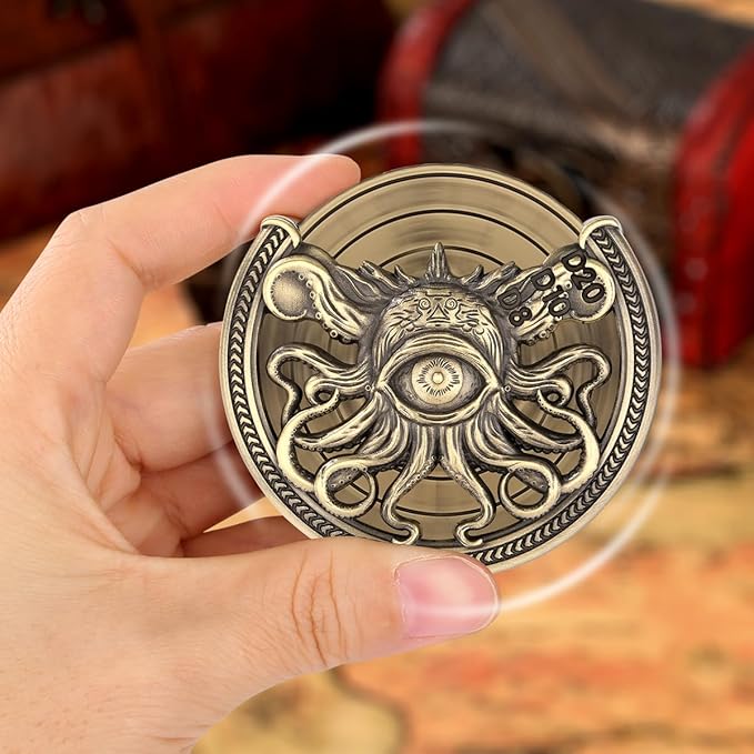 Spinner DND Dice Set, 7-in-1 Metallic D&D Dice, One-Eyed Octopus Roulette Dice Spinner for DND Dice Set, D&D Gifts with Gift Box, Role Playing Game Board Game Accessories, Bronze