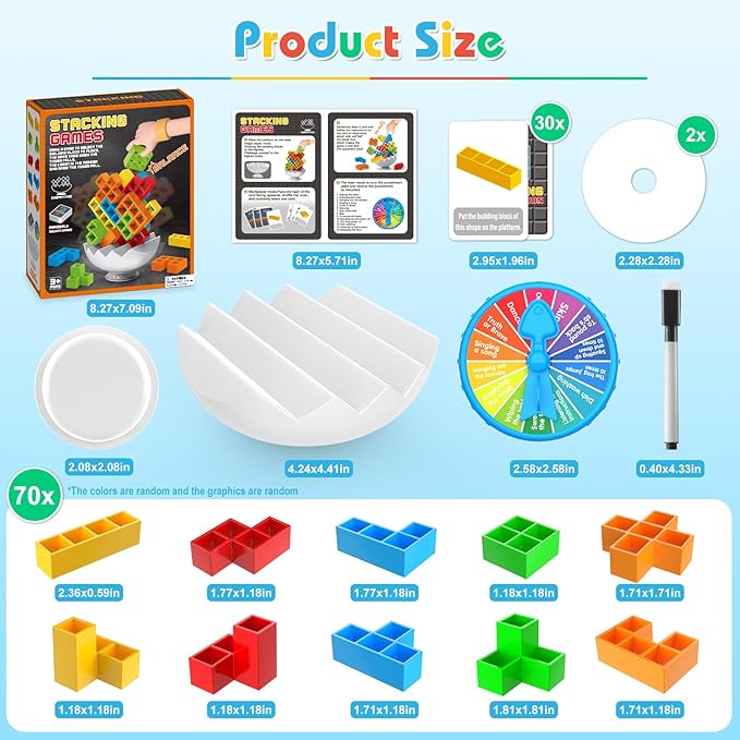 70PCS Stack Game for Adult & Kids, 3D Tetra Board Tower Games for Family Travel Party, 2 Players Balance Stacking Toy, Team Toys Building Block