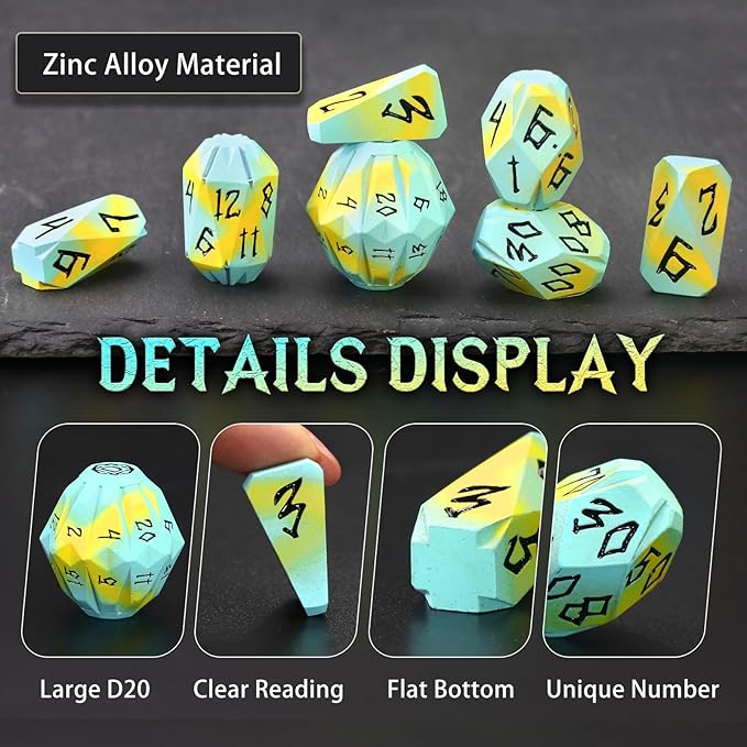 Metal DND Dice Set, Dungeons and Dragons DND Dice of 7 RPG Dice Set Metal Unique Cool Polyhedral D and D Dice with Cardboard Box for Role Playing Games TTRPG Gifts (Blue Yellow)