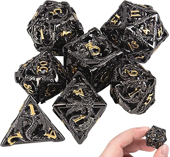 DND Dice,Hollow D&D Metal Dice,Dungeons and Dragons Dice Set with Gift Box,7 PCs Steampunk Polyhedral Dice Games Set for RPG,MTG,Pathfinder, (Dragon Black Golden)