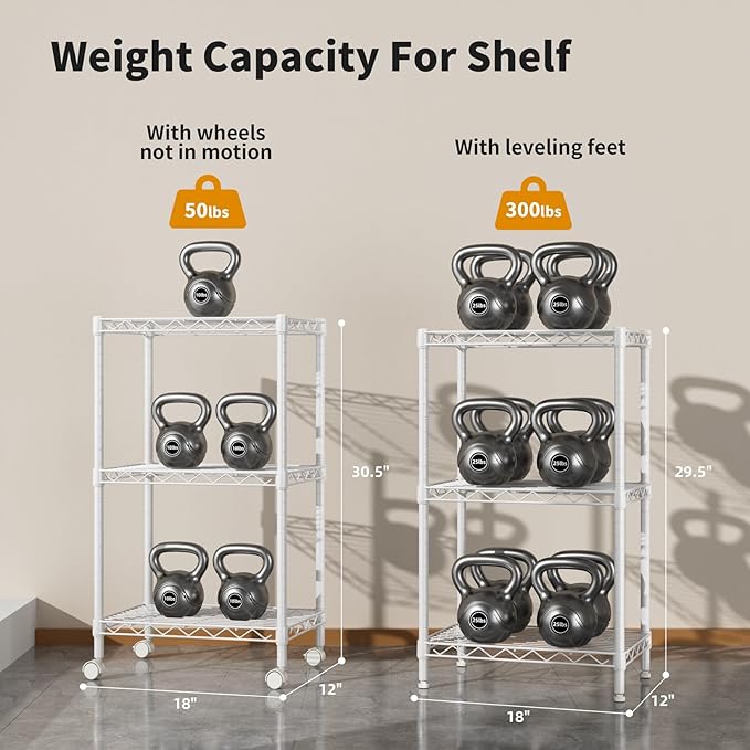 Small 3 Tier Shelves Storage Wire Shelving Unit Metal Shelf Adjustable Organizers Storage Shelving with Wheels for Bathroom Laundry Room Kitchen Pantry12”D x 18”W x 30.7”H White