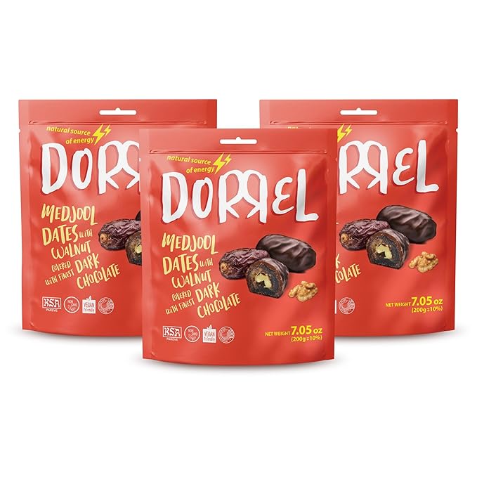 DORREL - Belgian Dark Chocolate Covered Dates (Medjool) with Walnuts Stuffing, High Energy Vegan Choco Snack, Delicious, Kosher & Non-GMO, Pack of 3 Stuffed Chocolate Dates, 7.05 oz / 200 g Ea