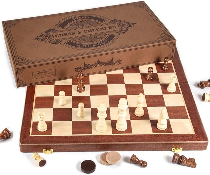 AMEROUS 15 Inches Magnetic Wooden Chess & Checkers Set (2 in 1) - Folding Board -Gift Box Packed -24 Cherkers Pieces -2 Extra Queens, Beginner Chess Set for Kids and Adults