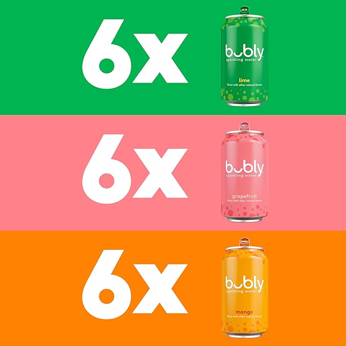 bubly Sparkling Water, Tropical Thrill 3 Flavor Variety Pack (Lime, Grapefruit, Mango), Zero Sugar & Zero Calories, Seltzer Water, 12 Fl Oz Cans (Pack of 18)