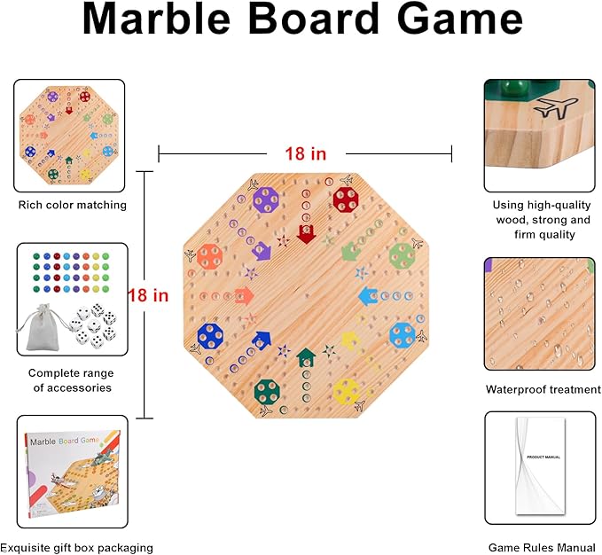 Original Marble Game Wahoo Board Game Double Sided Painted Wooden Fast Track Board Game for 8 Players 8 Colors 30 Marbles 8 Dice for Family Friends (8log)