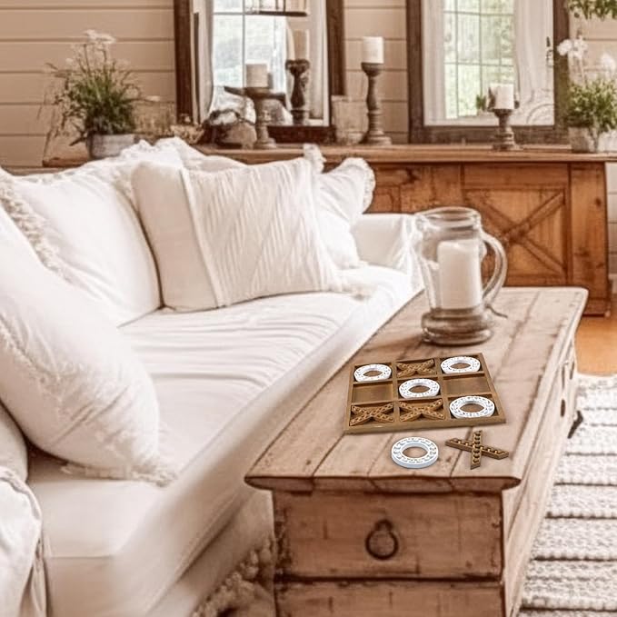 Tic Tac Toe Game 10.6 Inch Rustic Wood Board Game Coffee Table Games Tic Tac Toe Table Decor for Family Adults Travel Outdoor