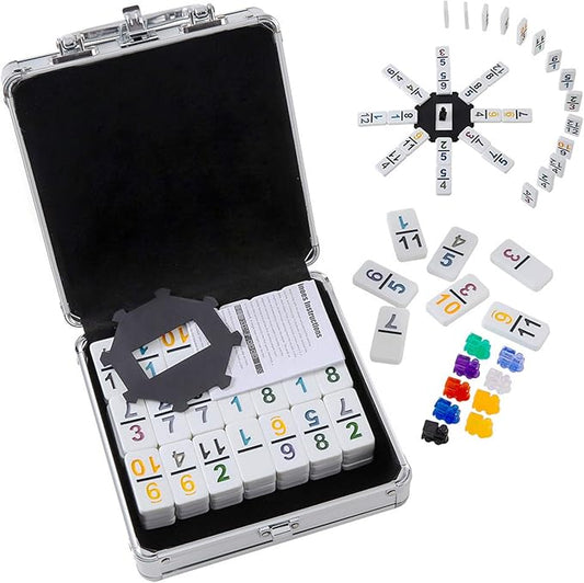 Mexican Train Dominoes with Numbers Double 12 Colored Numerical Dominoes Mexican Train Game Set 91 Tiles Dominoes with 9 Trains, Scoreboard, Octagon Shape Hub and Aluminum Case