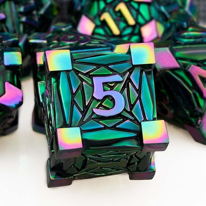 7PCS Metal DND Dice Set with Box, Debris RPG Red D and D Dice for use with D&D Tabletop Games Role Playing Game Polyhedral Dice Set D20 D12 D10 D8 D6 D4