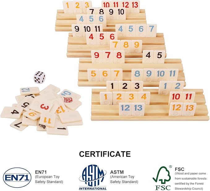 Classic Rummy Tiles & Cube Game Set with 106 Large-Number Tiles, 4 Wooden Racks & Dice - Family Board Games for Adults & Kids, Rummy Tile Games for 2-4 Players, Funny Night Game