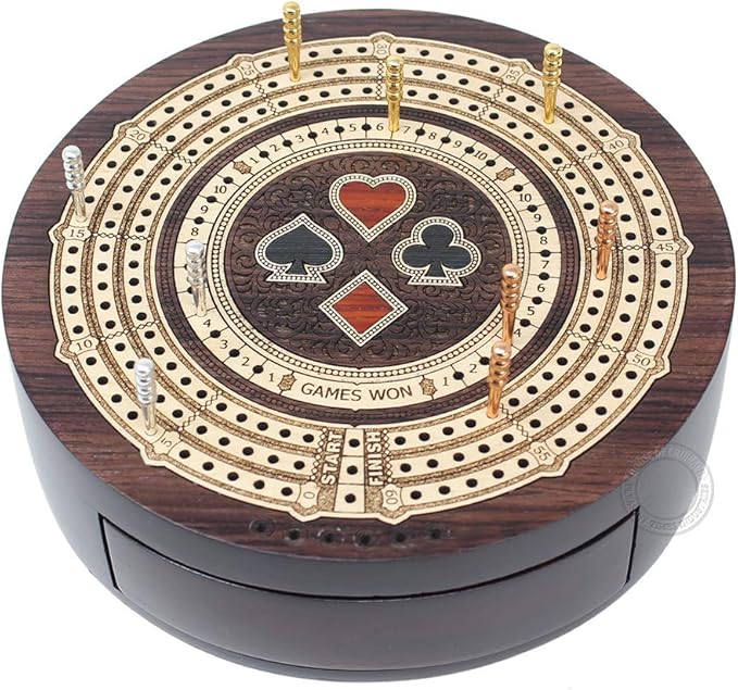 Round Shape 3 Track Non-Continuous Cribbage Board - Push Drawer Storage for Pegs and 1 Deck of Cards with Score Marking Fields for Won Games (Rosewood/Maple Wood)