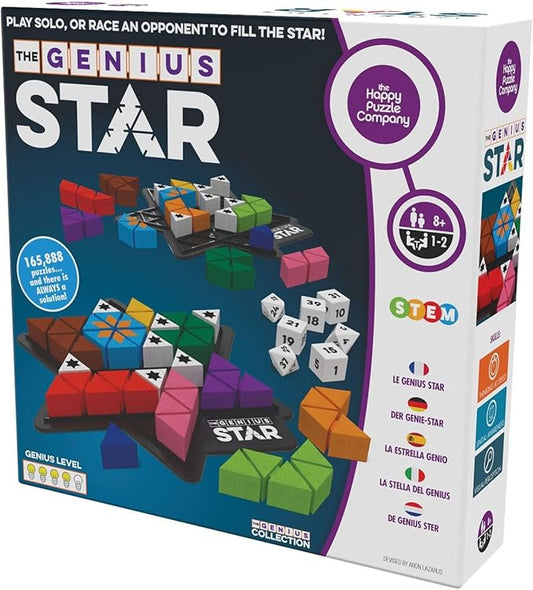 The Genius Star - Toy of The Year Award Winning Family Board Game. 165,888 Possible Puzzles by Filling in Colored Shapes with Blockers to Complete A Star! Golden Star Twist!