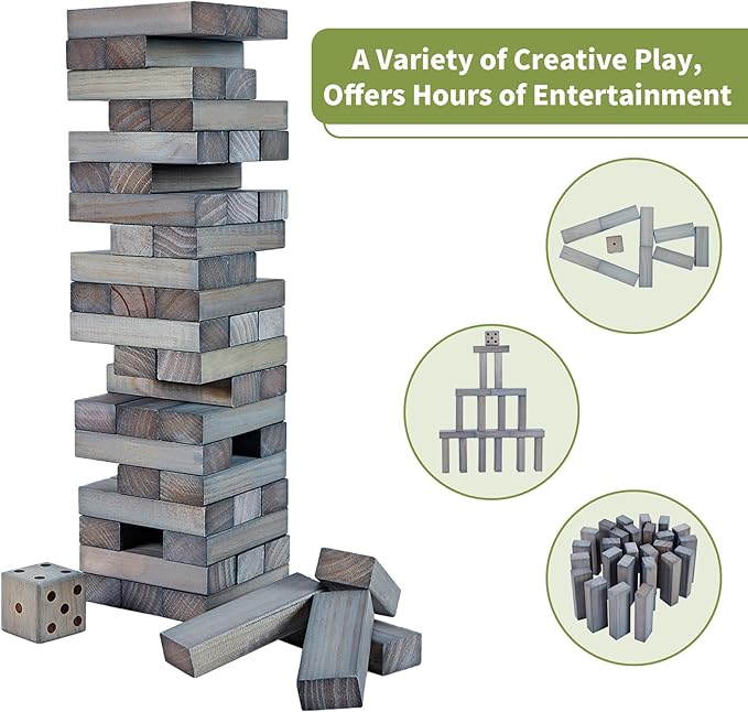 ApudArmis 54 PCS Tumble Timber Set Stack to 3FT, Pine Wooden Tumble Tower Game with Dice and Scoreboard Set - Classic Block Stacking Board Game for Teens Children Teenagers (Gray)