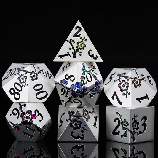 7 PCS Solid Metallic Flower D&D Dice Set,Metal Dungeons and Dragons Dice Set with Gift Box for DND Tabletop Game (Silver-Seven Colour Brocade)