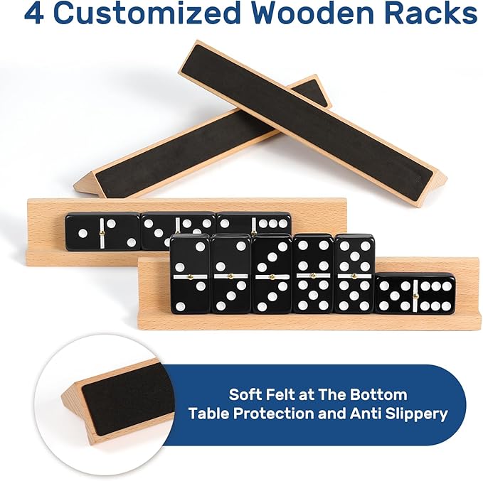 Dominoes Set for Adults with 4 Wooden Racks/Trays, Double Six Dominoes Travel Set with Portable Case Double 6 Dominoes Set with 4 Tiles Holders, 28 Tiles Dominos Set for Family Board Games - Black