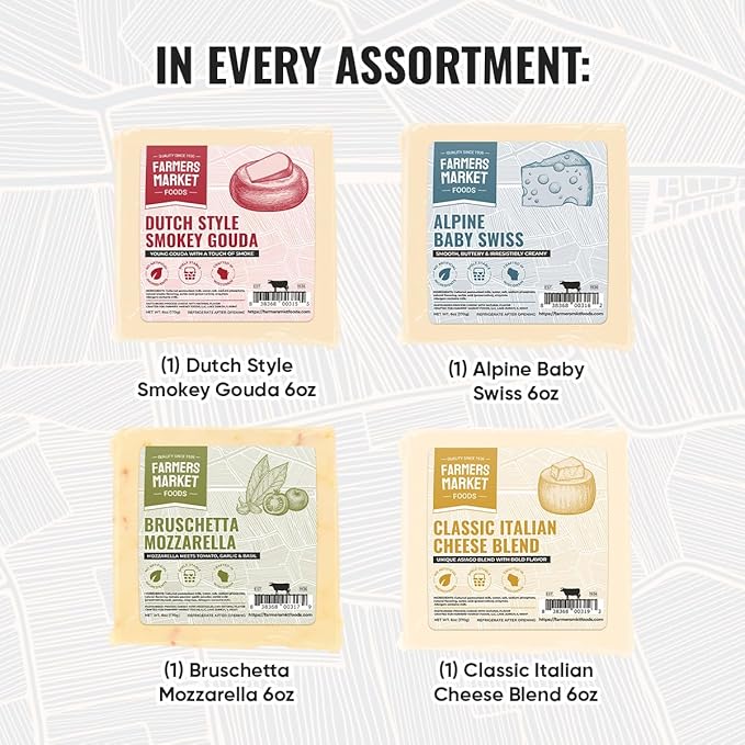 Farmers' Market Cheese Block Assortment 6oz 4-Pack, Shelf Stable, Pasteurized, Locally Sourced Wisconsin Cheese (Assortment, 4 Count)