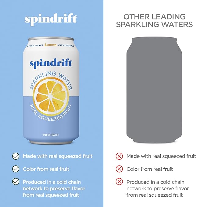 Spindrift Sparkling Water, Lemon Flavored, Made with Real Squeezed Fruit, 12 Fl Oz Cans, Pack of 24 (Only 3 Calories per Can)