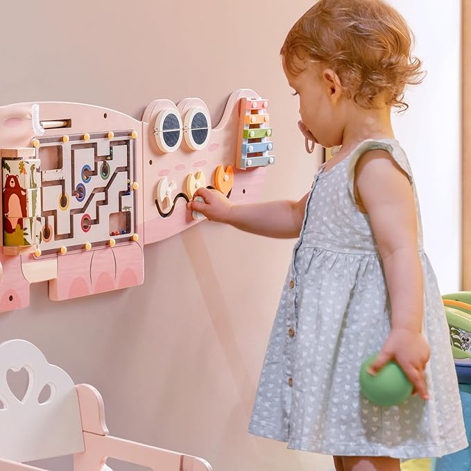 ROBUD Wooden Busy Board for Children - Montessori Learning Toy, Wall Mounted Activity Centre with Gears, Maze, Children's Wooden Toy Gifts for Toddlers, Girls, Boys