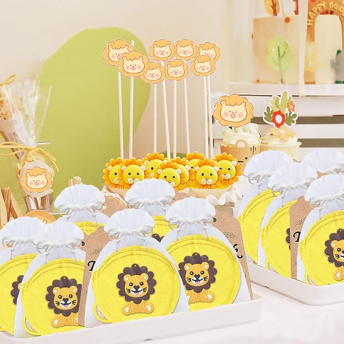 36 Pack Lion Change Purses Set Include 12 Lion Wallets with Keyrings, 12 Thank You Tags and 12 Organza Bags for Lion Jungle Safari Animals Baby Shower Wild ONE Party Supplies,Yellow