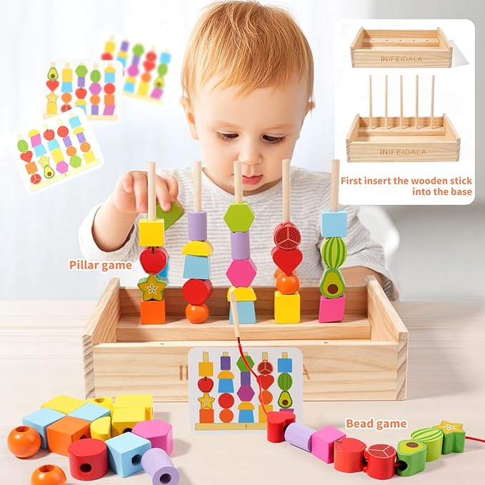 Toddler Learning Montessori Toys for 3 4 5 6 Year Old,Rainbow Stacking & Lacing Beads & Matching Shape Stacker - Wooden Peg Board Beads Sequencing Toy Set - Fine Motor Skills Toys for Boys & Girls