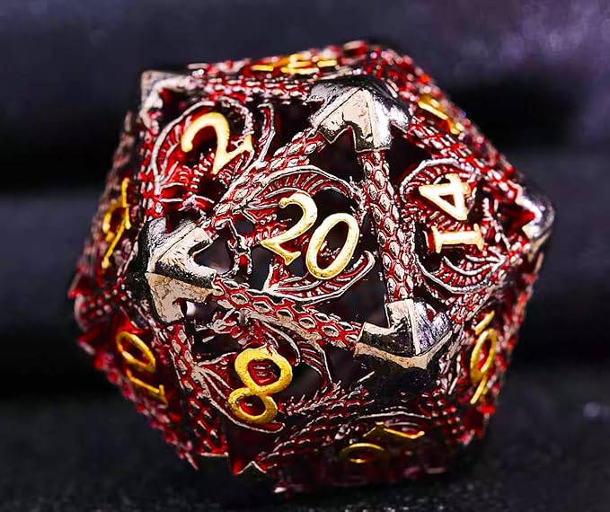 Metal DND Dice Set Dungeons and Dragon Dice Set Hollow Dragon Polyhedral Magic 7 PCS Dice Set with Gift Metal Box for Dungeons and Dragons Table Games Play Cards MTG(Dragon_Black Red Plus Gold)