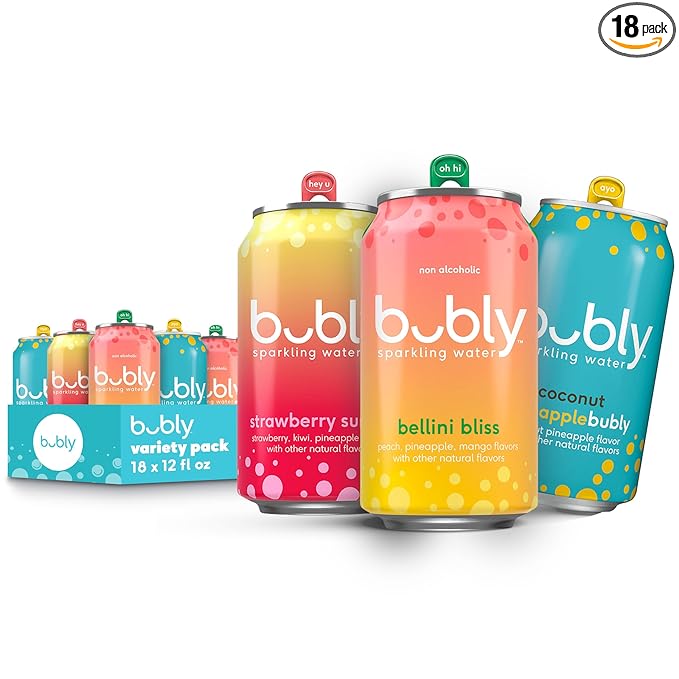 bubly Sparkling Water, 3 Flavor Variety Pack (Bellini, Strawberry Sunset, Coconut Pineapple), Zero Sugar & Zero Calories, 12 Fl Oz Cans (Pack of 18)