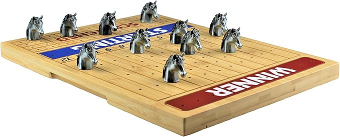 Metal Horse Race Board Game Set with Horse Racing Thick & Solid Wood Game Board, 11 Luxurious & Durable Classic Silver Colored Metal Craft Horses, Dice and Cards for Horseracing (HR-551)