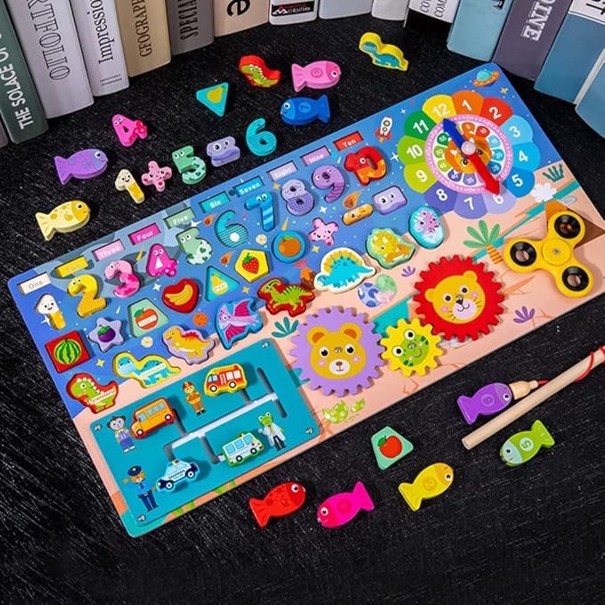 Wooden Number Puzzle Sorting Montessori Toy Busy Board for Toddlers |Shape Puzzle Matching Counting Fishing Game for Ages 2 3 4 5 Years Kids Math Stacking Preschool Educational Learning Activities Toy