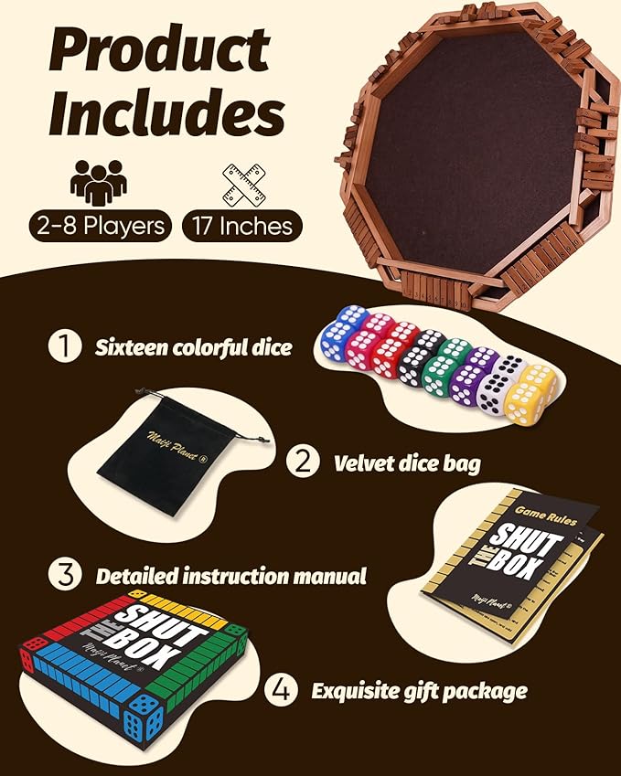 Dulex 2-8 Player Original Shut The Box Game, Math Dice Board Game for Family Night Classroom Travel, Wooden Classic Table for Group Kid Adult Senior Travel Party Bar Easy Quick and Fun
