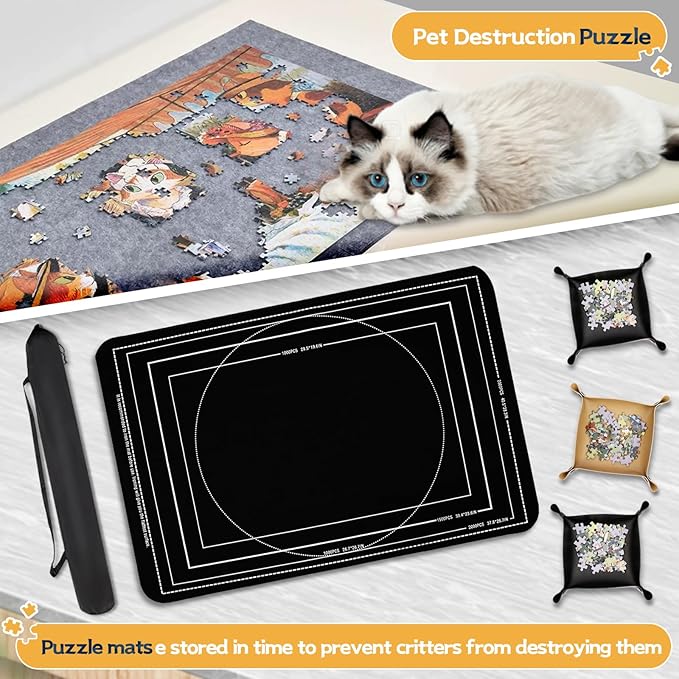 Jigsaw Puzzle Mat Roll Up, Portable Saver Pad 48” x 31” Up to 2000 Pieces, Puzzles Matt Rollup with Non-Slip Rubber Bottom & Smooth Top. (6 Puzzle Sorting Trays & 1 Storage Bag)