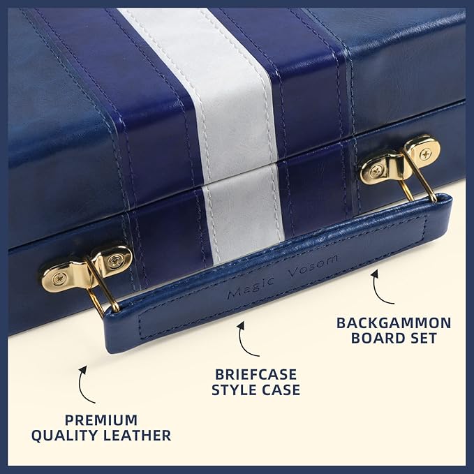 Travel Large 18 Inch Backgammon Blue Sets Classic Board Game with Premium Leather Case, Portable Travels Strategy Backgammon Game Set for Adults, Kids (Blue, Large)