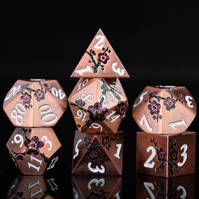 Glitter Purple DND Metal Dice, Flower Metal DND Dice Set with Gift Case for Dungeons and Dragon,7PCS Solid Metal Dice Tabletop Game (Antique Red Copper-Red)