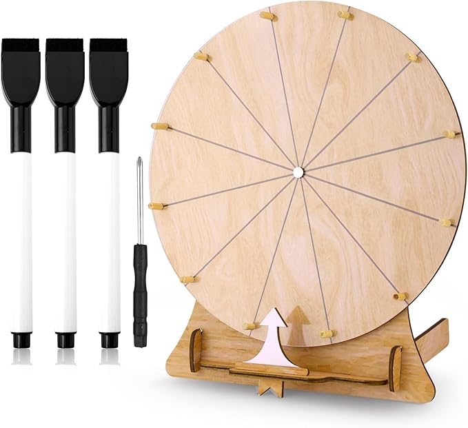 11.4 Inch Wood Wedding Game Spinning Wheel, Wooden Prize Wheel Spinner with Stand, Erasable Spin Wheel, Carnival Fortune Game Roulette Wheel, Tabletop Raffle Wheel for Wedding Engagement