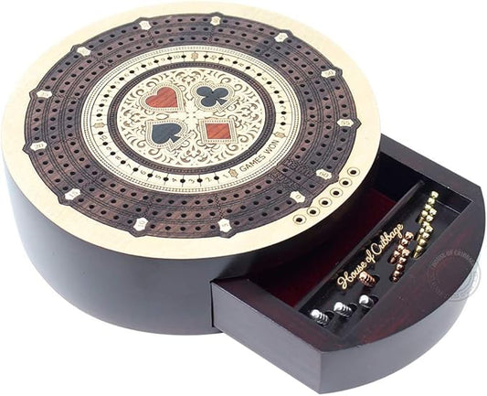 Round Shape 3 Track Non-Continuous Cribbage Board - Push Drawer Storage for Pegs and 1 Deck of Cards with Score Marking Fields for Won Games (Maple Wood/Rosewood)