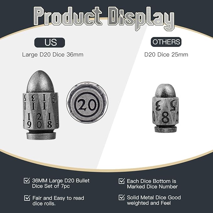 Dice Set PCCECQEE Bullet Dice,Metal D&D Dice for Dungeons and Dragons,7Piece for Role Playing Game (Antique Sliver)